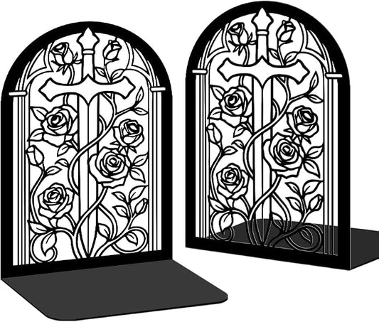 Bookends for Shelves, 2 Pcs Rose Flower Sword Design Book Ends Metal Decorative Bookends for Home Office and Library, Black