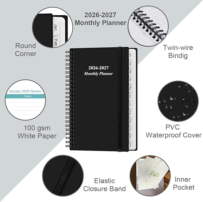 2026-2027 Monthly Planner - January 2026 - June 2027, Two Pages Per Month, 18 Monthly Calendar/Planner with Tabs, Strong Twin-Wire Binding, Inner Pocket, 3.75" x 6.5", Black