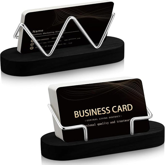 Amyhill 2 Pcs Wood Business Card Holder for Desk Wooden Business Card Display Stand Postcard Organizer for Office Home Desktop(Black)