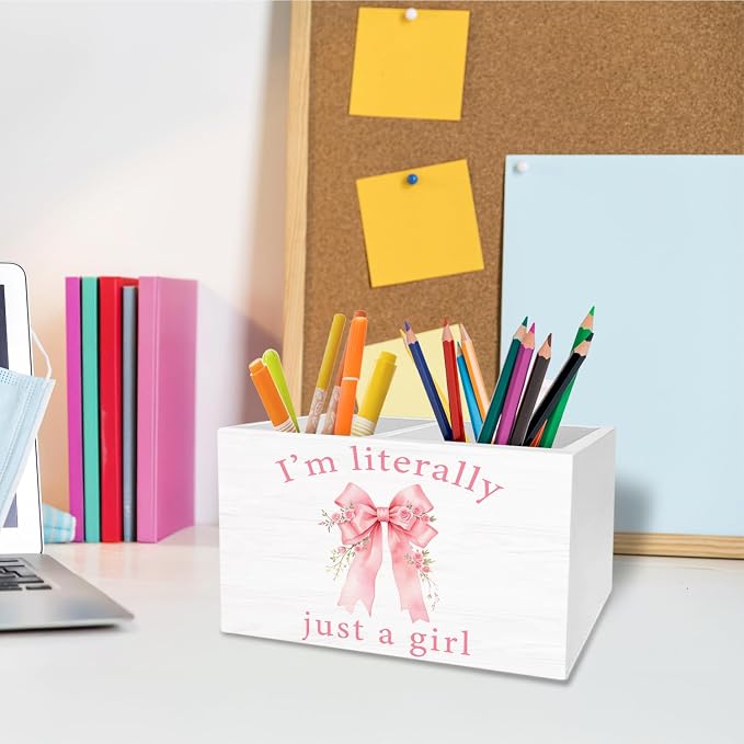 Pink Rose Coquette Bow Pen Holder for Desk, Preppy Girly Bow Pencil Organizer, I'm Literally Just a Girl Wooden Box Sign Desk Decor for Girls Bedroom Dorm Home Office Decoration