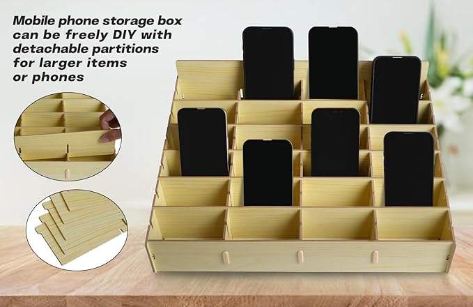 HengTianMei 48 Grid Classroom Cell Phone Holder, 48 Grid Cell Phone Storage Box for Student Management, Wooden Calculator Organizer Caddy for School Office