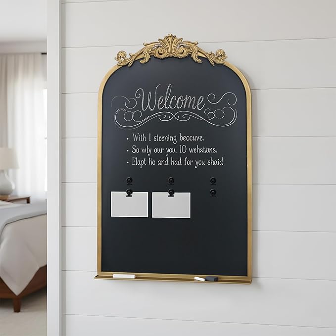 Vintage Magnetic Arch Chalkboard with Shelf - 24"x36" Decorative Wall Mounted Ornate Gold Framed Blackboard with Chalk, Clips & Cloth - Elegant Wedding Sign & Kitchen Menu Home Decor
