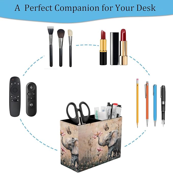 Pen Holder, Pencil Case, Makeup Brush Storage Box, Tableware Storage Box, Suitable for Office Or Home Item Organizing Stand - Cute Little Elephant Flower