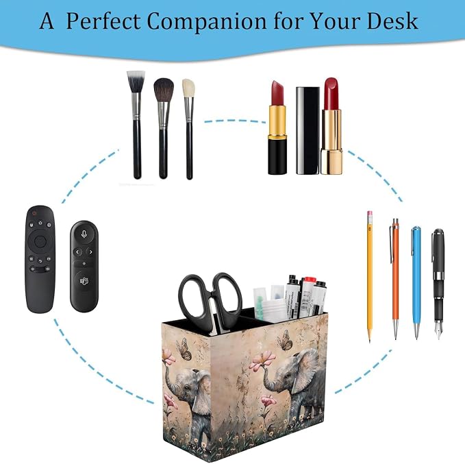 Pen Holder and Anti-Slip Mouse Pad Combination, Makeup Brush Storage Box, Tableware Storage Box, Suitable for Office and Home - Cute Little Elephant Flower