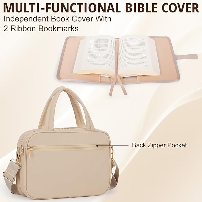 Large Bible Cover for Women,2 Compartments Bible Carrying Case With Handles Shoulder Strap, Soft Puffy Quilted Bible Bags With Book Cover Organizer, Bible Tote For Church Study Supplies Accessories
