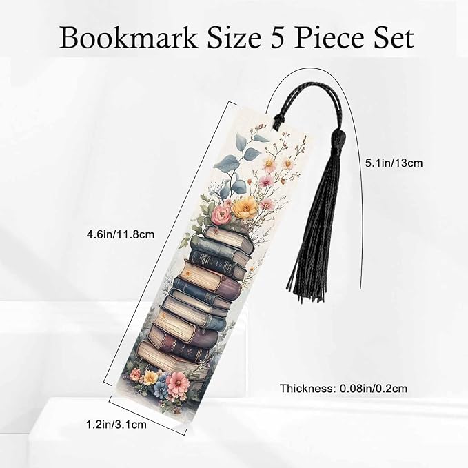 Old Books Pattern Bookmarks Set 5 with Tassels Watercolor Pink Flower Wooden Bookmarks for Reading Women Men Students Teachers School Supplies