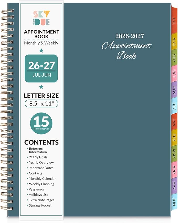 SKYDUE Appointment Book 2026-2027, Academic Hourly Planner from July 2026 - June 2027, 8.5" x 11" Weekly & Monthly Schedule Planner with 15-Minute Interval- Perfect for Daily Planning Blue