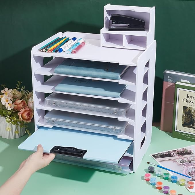UNICRAFTALE 7 Tier Paper Storage Organizer with Small Storage Box Stackable Scrapbook Paper Organizer Plastic File Organizer for Desk White Papers Holder Organizers for Home Office 9.84"x13.38"x15.35"