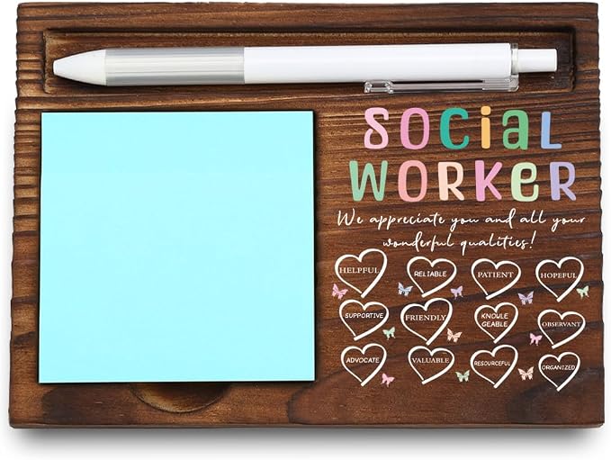 Wooden Sticky Note Holder for Social Workers, Appreciation Gift with Motivational Quote, Office Desk Organizer, Inspirational Gift, 16.5 x 12 x 1.5 cm LQQ2