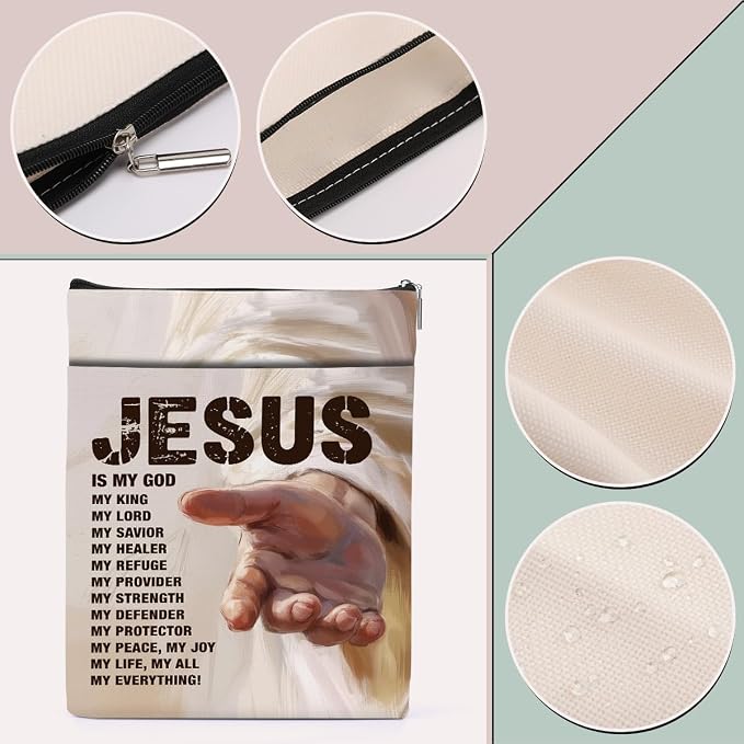 Jesus Bible Book Sleeve, Book Lovers Gifts Sleeve with Zipper & Front Pocket, 11.4x8.8 Inch Canvas Books Cover Protector Bookish Bible Gift for Readers Women Teacher, Inspirational Gifts for Christian