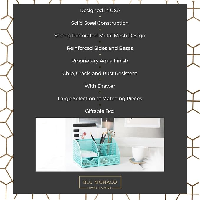 BLU MONACO Aqua Desk Organizer | Metal Turquoise Stationery Holder With Drawer and Compartments | Desktop Storage for School, Bedroom, Locker and Home | 5.5”D x 8.6”W x 5”H Accessory Caddy