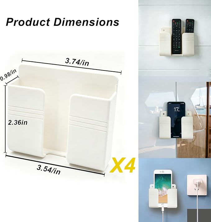 4 Pack Wall Mount Adhesive Storage Holder, No Drill Self Adhesive Wall Organizer, 3.54" x 2.87" Plastic Wall Mount Phone Remote Control Holder for Home, Office, Bathroom,Motorhome
