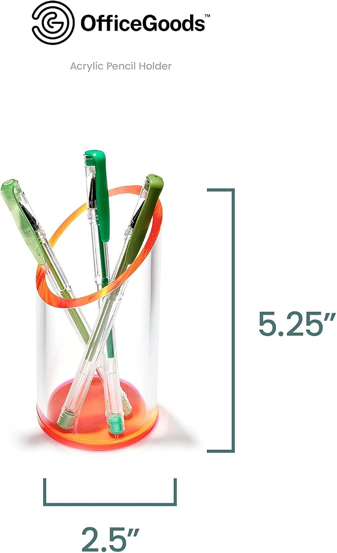 OfficeGoods Acrylic Pen & Pencil Holder - Modern Cylinder Design - Beautiful Desk Organizer for Home or Office - Contrasting Base & Rim - 5.25” H x 2.5” W - Neon Red