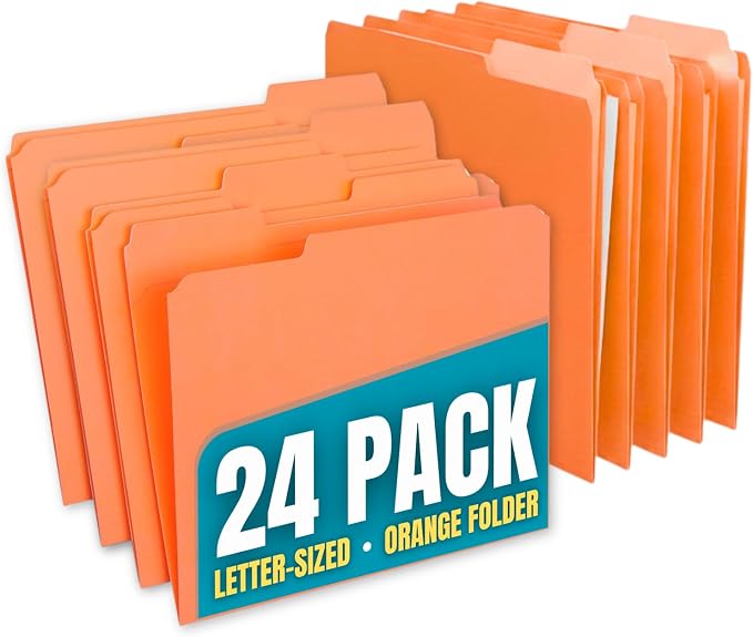 1InTheOffice Orange File Folder, Durable Folder, File Folder Letter Size, 1/3 Cut Assorted Tab, 24 pcs (24)