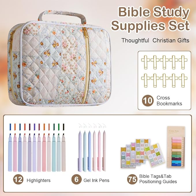 Kosuke Large Quilted Bible Cover Case for Women Girls,Bible Tote Bag Durable Bible Carrying Case with Handle for Bible Study & Christian Gifts (Spliced Flower with Bible Study Supplies)