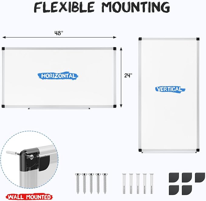 DUMOS Magnetic White Board Kit for Wall 48" x 24", Dry Erase Board with 1 Dry Eraser & 2 Multicolor Markers & 4 Magnetic Pins, Silver Reinforced Aluminum Frame for Home, School, Office