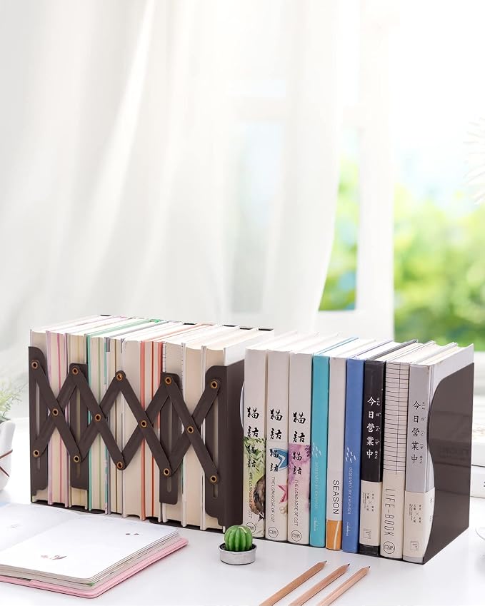 MSDADA Adjustable Bookends, Book Ends for Heavy Books, Expandable Book Organizer for Desk, Shelf, Office, School, for 6 7 8 9 10 11-15 Boys and Girls, Extends up to 19 inches (Brown)
