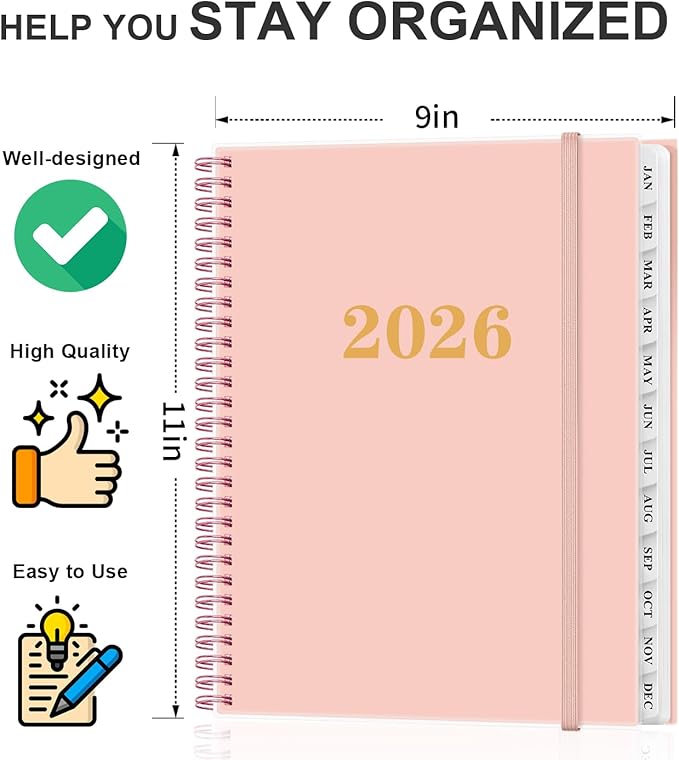 2026 Planner - Weekly and Monthly Planner from Jan 2026 - Dec 2026, Spiral Planning 2026 with 12-Month Tabs, Inner Pocket, 8.5" x 11", Pink