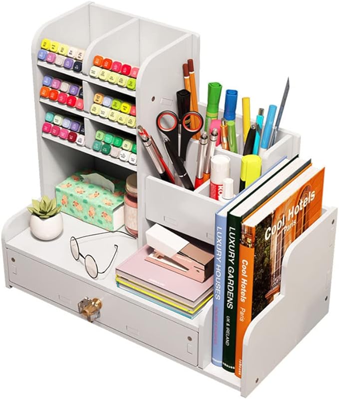 Hggzeg Desktop Pen Organizer, Stationary Organizer with Drawers and 2 File Holder, Art Supply Storage, Multi-Functional Pen Pencil Holder, for Home, Office and School