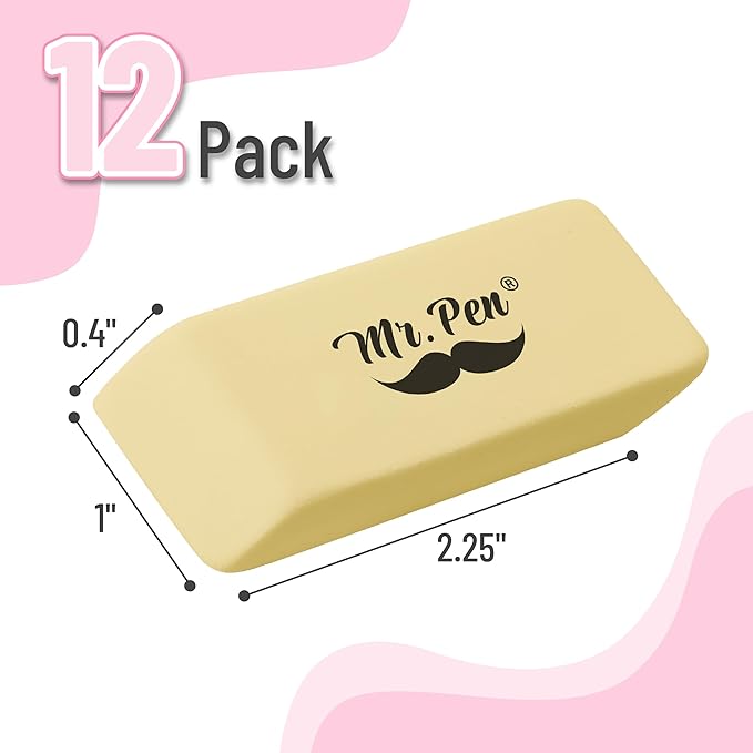 Mr. Pen- Pencil Eraser, 12 Pack, Yellow, Large Latex Free Block Erasers for School, Office, Art Sketching, Homework, Exams, Clean Smudge-Free Correction