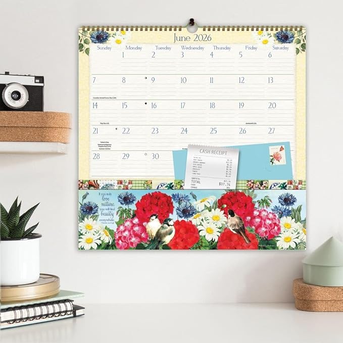 WSBL Botanical Gardens 2026 Note Nook Wall Calendar – 12-Month Organizer Calendar with Dual Storage Pockets, Floral Artwork by Barbara Anderson, 12″ × 12.125″