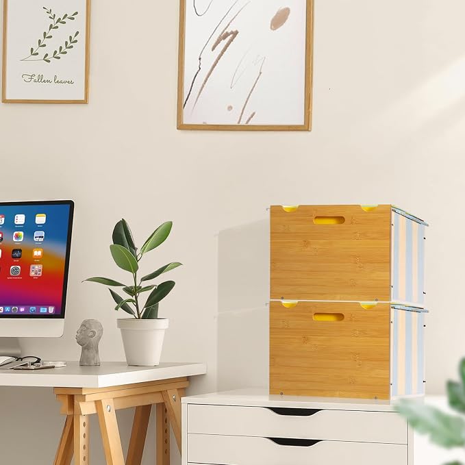 Bamboo File Organizer Box with Lid, Hanging File Storage Box with Handle suitable for Home Office Desk Banker Document Letter Size