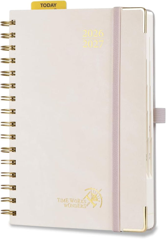 POPRUN Daily Planner 2026-2027 One Page Per Day (6" x 8.5"), 12 Months Hourly Appointment Book (July 26-June 27) Academic Planner Calendar Book with Inner Pocket, Spiral Hardcover - Beige