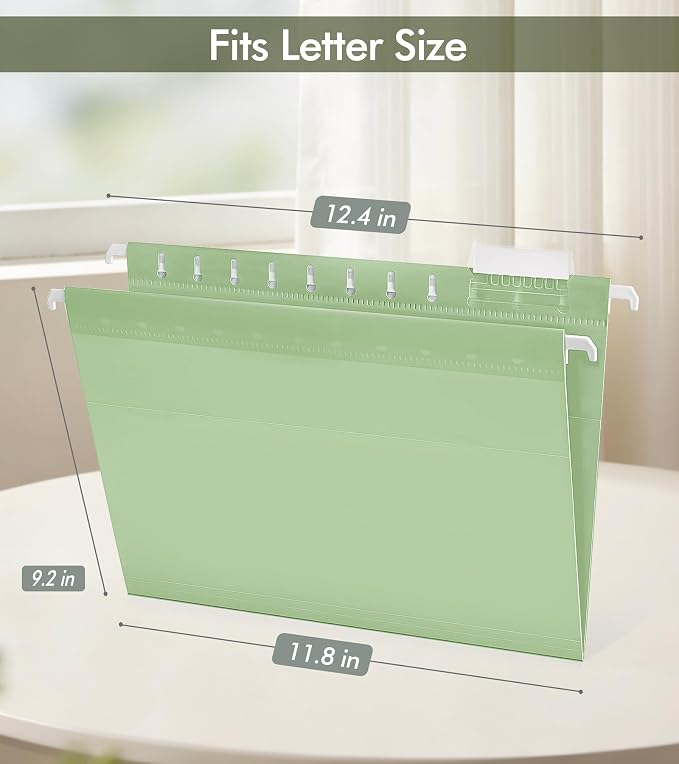 Plastic Hanging File Folders Letter Size, Colored Hanging File Folders with Tabs, Durable Waterproof Plastic Hanging Folders for Filing Cabinets, Office, School & Home Organization (15, Green)