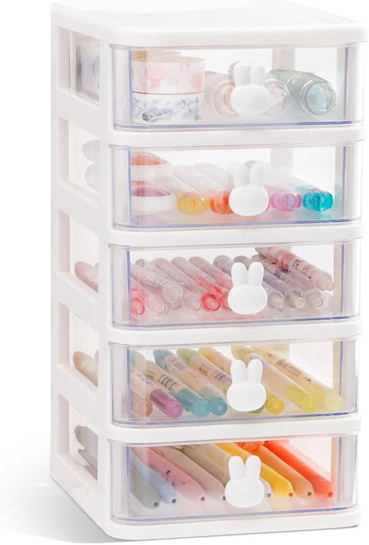 CEYAZYE CEYAZYE Small Desk Organizer with Drawer, Stackable Makeup Organizer White, Mini Plastic Storage Box for Desktop, Bathroom Counter or Dresser, School, Home, Office (5 Tier)
