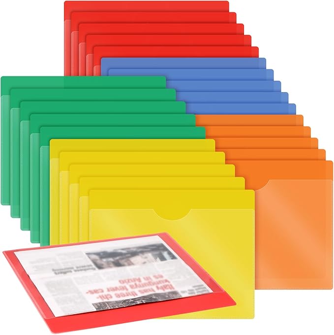 Kisston 25 Pack Heavy Duty Vinyl Plastic Folders with Clear Front Pocket File Jackets, Three Sided Closed, Letter Size Plastic Folders for Documents, 11.75 x 9.25 Inch (5 Colors)