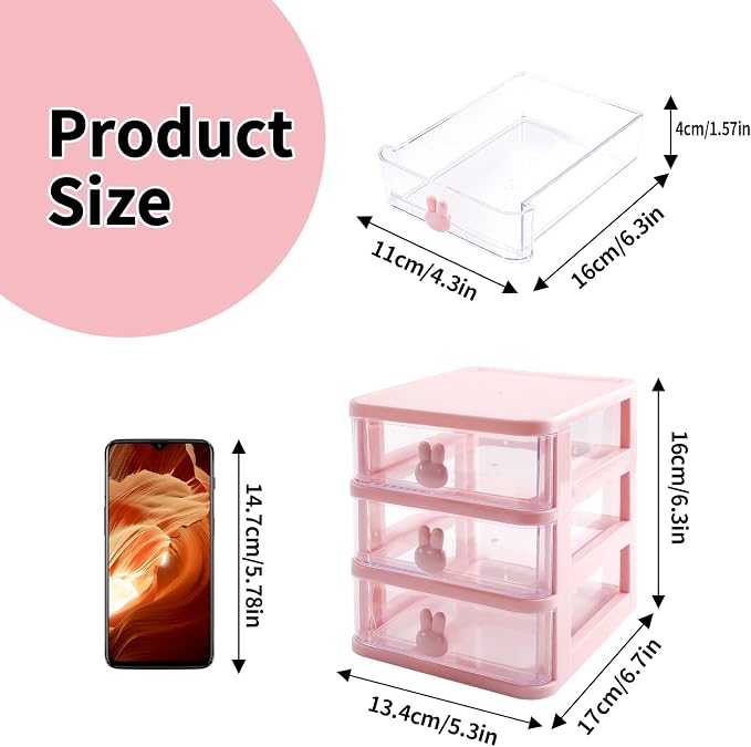 CEYAZYE Small Desk Organizer with Drawer, Stackable Makeup Organizer White, Mini Plastic Storage Box for Desktop, Bathroom Counter or Dresser, School, Home, Office (Pink-3 Tier)