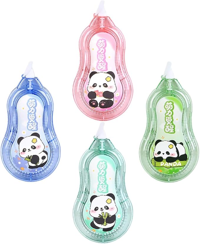 Ciieeo 4pcs Correction Tape for Students with Cartoon Panda Design, Portable Small Eraser Tape Set in Pink Blue Green and Cyan, Classroom and School Supplies for Daily Writing Correction