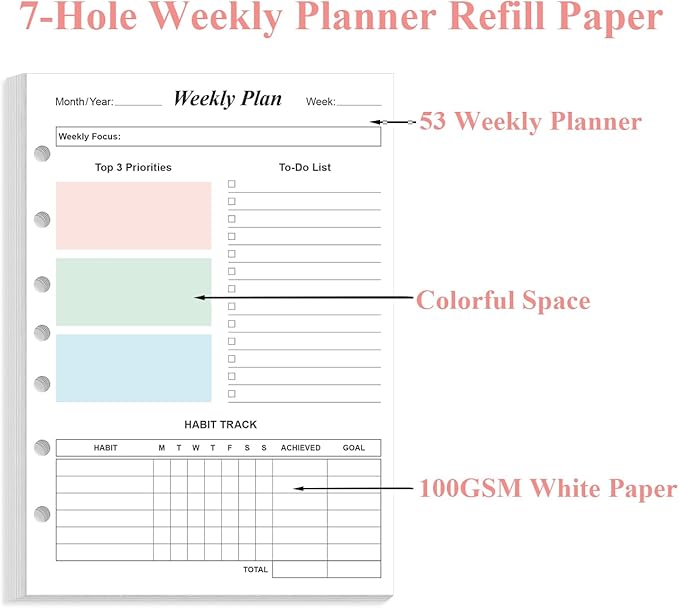 Weekly Planner Refills for 3 or 7 Ring Mini Binders - 53 Sheets/106 Pages Undated Colorful Weekly Planner, 100 gsm White Paper, Lasts 1 Year, Undated, 5.8" x 8.3"