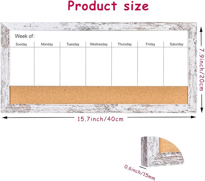 Magnetic Weekly Dry Erase White Board and Cork Board, White Wood Frame，Magnetic Surface Whiteboard for Home Office and Wall Decor(ZHZL-2040WH)