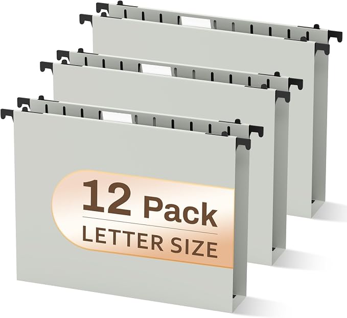 12 PCS Hanging File Folders Letter Size, Plastic Hanging Folders, Extra Capacity 2 in Heavy Duty Reinforced Grey Hanging Files Filing Cabinet Folders Letter Size for/Bulk Files/Medical Charts