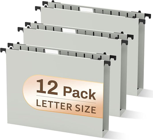 12 PCS Hanging File Folders Letter Size, Plastic Hanging Folders, Extra Capacity 2 in Heavy Duty Reinforced Grey Hanging Files Filing Cabinet Folders Letter Size for/Bulk Files/Medical Charts