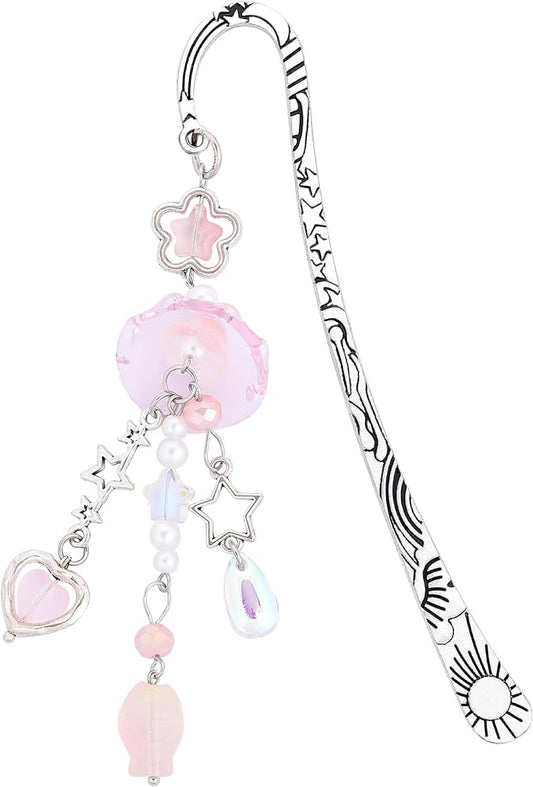 Cute Jellyfishs Metal Bookmark - Charm Pink Book Mark Unique Y2k Beads Aesthetic Page Marker Funny Gift for Reading Lovers Women Girls Booworms Accessories Birthday Student Teachers School