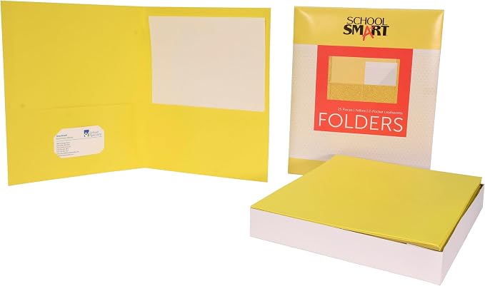 School Smart 2-Pocket Folders with No Brads, Yellow, Pack of 25