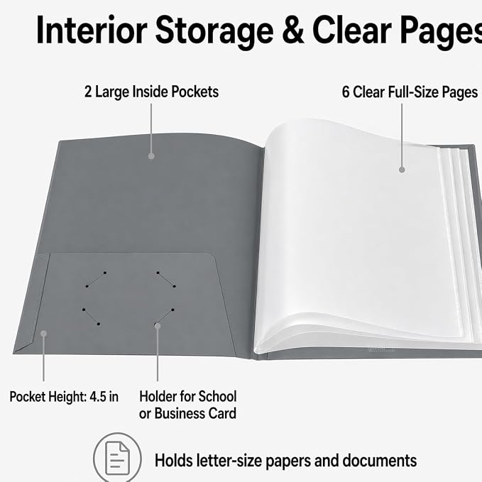 Ultra PRO - 50 Pack Grey Heavy Duty 2-Pocket Folders with 6 Clear Internal Pages, Waterproof Poly Project Organizer for School and Office, Fits 8.5 x 11 Letter Size, Customizable Clear Covers