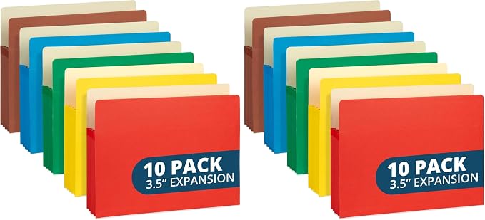 Blue Summit 10 Expanding File Pockets, Accordion File Folders Letter Size, 3.5” Expandable Pockets, Assorted Colors (Pack of 2)
