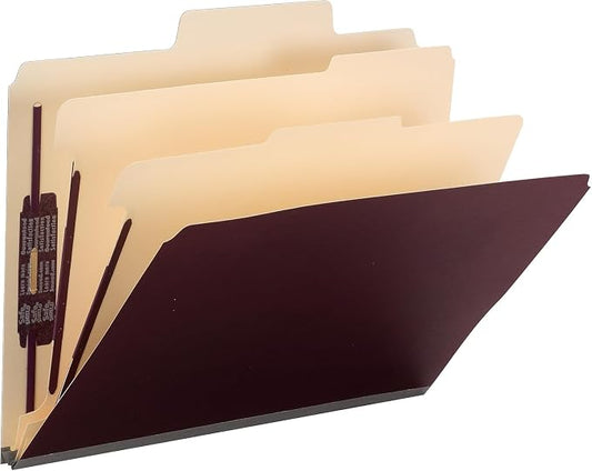 Smead SuperTab Classification Folder with SafeSHIELD Fasteners, Oversized Tab, 2 Dividers, 2" Expansion, Letter Size, Maroon, 10 per Box (14013)