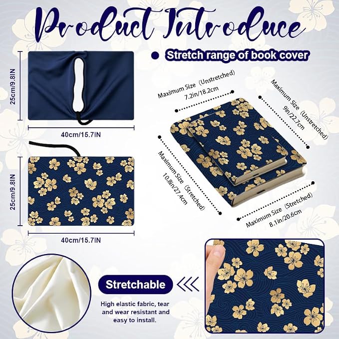 Flowers and Lines Patern Stretchable Book Cover 15.7"x9.8", Elastic Washable Book Protector for Hardcover Textbooks Paperbacks, Reusable Polyester Book Sleeve for Women