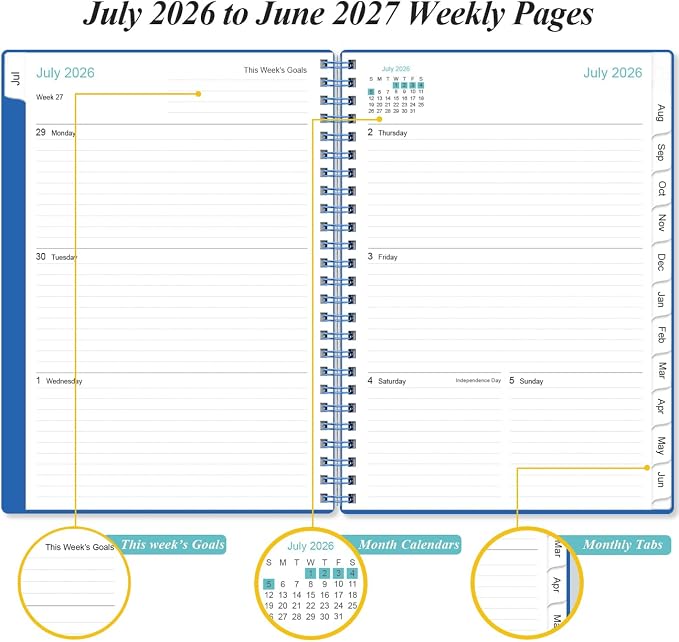 2026-2027 Planner - Planner 2026-2027 from July 2026 - June 2027, Weekly & Monthly Planner Spiral Bound with 12 Monthly Tabs, Inner Pocket, 6.4" x 8.5", Blue-E
