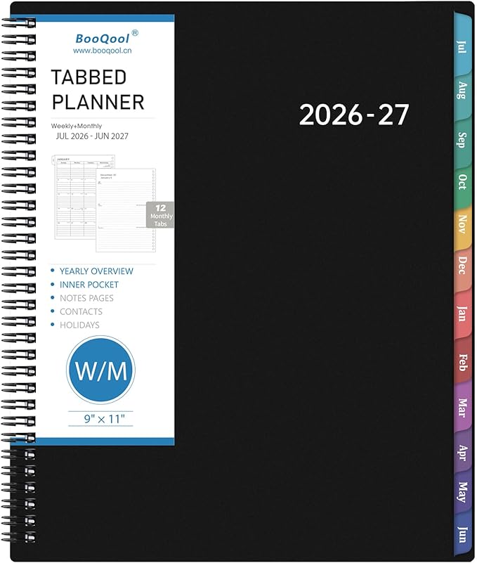 Planner 2026-2027 – Academic Planner 2026-2027, 9" x 11", Large, July 2026 – June 2027, Weekly and Monthly Planner, 2 Monthly Tabs, Strong Twin-Wire Binding, Inner Pocket, Hardcover, Black