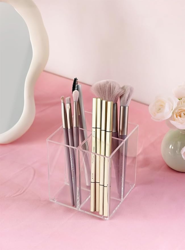 Clear Acrylic Pencil Pen Dry Erase Marker Holder Cup, Makeup Brush Holder Acrylic Desk Accessories, Plastic Silverware Utensil Holder for Office, Party Bedroom Bathroom Dorm (Clear, 4 Compartments)