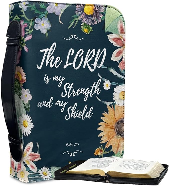 Bible Case with Handle and Zipper, Premium PU Leather Waterproof Bible Cover 11.2 x 8 x 2.2 Inches, Book Case for Standard Size Bibles with Pen Storage, Bible Accessories Gifts (Floral)