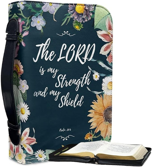 Bible Case with Handle and Zipper, Premium PU Leather Waterproof Bible Cover 11.2 x 8 x 2.2 Inches, Book Case for Standard Size Bibles with Pen Storage, Bible Accessories Gifts (Floral)