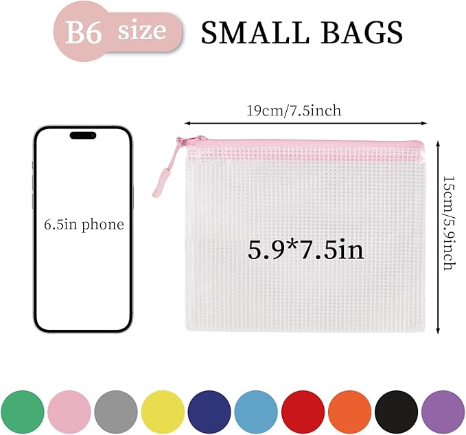 MultiBey 20 Pack 10 Colors Mesh Zipper Pouch Bags, 7.5 x 5.9 inch B6 Waterproof Plastic Zipper Pouches for Organizing, Small Mesh Bags with Zipper for School Office Home Travel Storage
