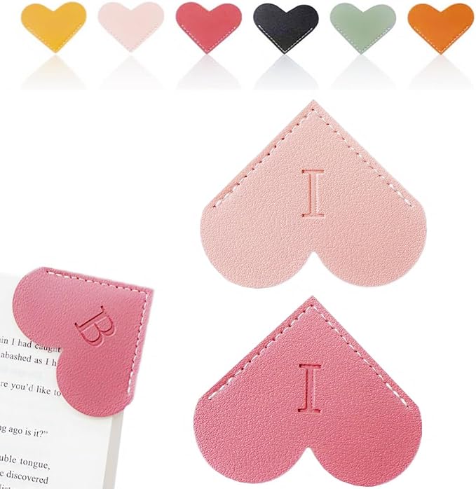 Personalized Leather Heart Bookmark, 26 Letters Customized Corner Book Mark for Reading Women, Book Marker with Initials，Cute Gifts (Light Pink+Deep Pink, I)