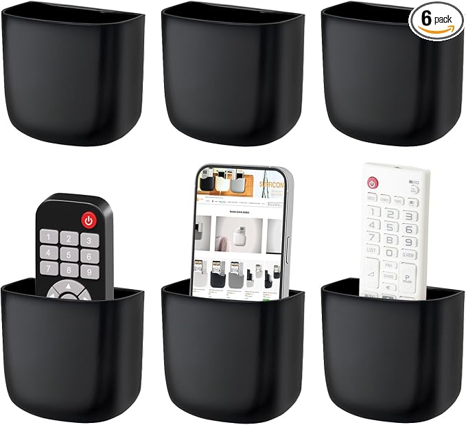 SUNFICON Wall Mount Remote Holder TV FAN Remote Control Holder Bedside Caddy Wall Organizer Phone Holder for Office Adhesive Media Player Controller Holder Box Tray Home Desk Nightstand Black 6PACK